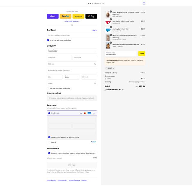 Malebasics checkout page showing Malebasics coupon code box | Screenshot taken by SimplyCodes community member on Sep 10, 2025