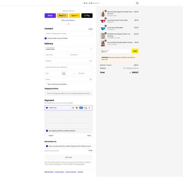Malebasics checkout page showing Malebasics coupon code box | Screenshot taken by SimplyCodes community member on Sep 6, 2025