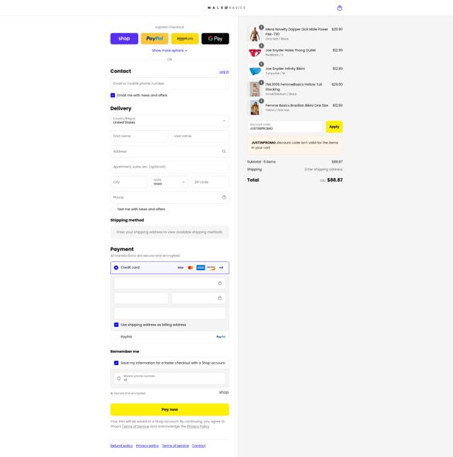 Malebasics checkout page showing Malebasics coupon code box | Screenshot taken by SimplyCodes community member on Sep 6, 2025