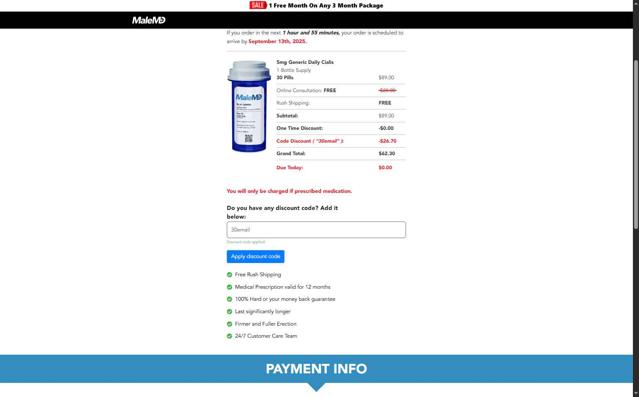MaleMD checkout page showing MaleMD discount code box | Screenshot taken by SimplyCodes community member on Sep 9, 2025