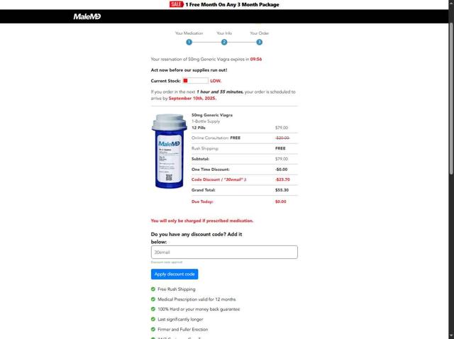 MaleMD checkout page showing MaleMD discount code box | Screenshot taken by SimplyCodes community member on Sep 6, 2025