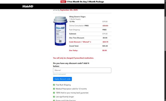 MaleMD checkout page showing MaleMD discount code box | Screenshot taken by SimplyCodes community member on Aug 31, 2025