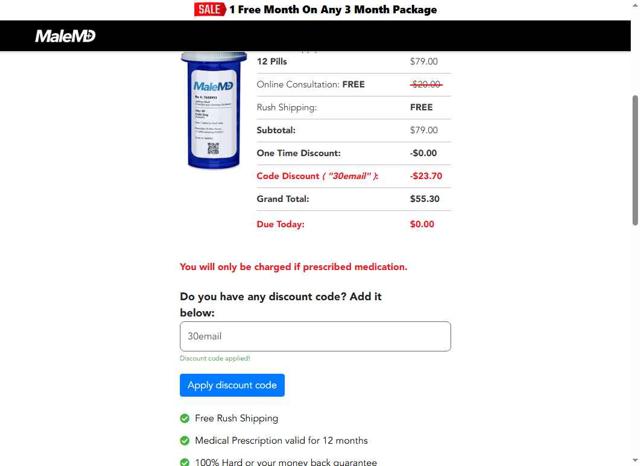 MaleMD checkout page showing MaleMD discount code box | Screenshot taken by SimplyCodes community member on Aug 27, 2025