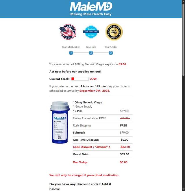 MaleMD checkout page showing MaleMD discount code box | Screenshot taken by SimplyCodes community member on Sep 3, 2025
