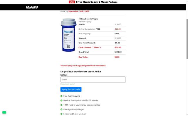 MaleMD checkout page showing MaleMD discount code box | Screenshot taken by SimplyCodes community member on Sep 12, 2025