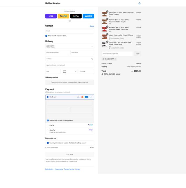Malibu Sandals checkout page showing Malibu Sandals promo code box | Screenshot taken by SimplyCodes community member on Sep 12, 2025