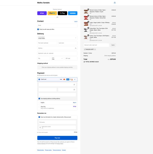 Malibu Sandals checkout page showing Malibu Sandals promo code box | Screenshot taken by SimplyCodes community member on Aug 31, 2025