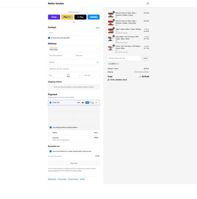 Malibu Sandals checkout page showing Malibu Sandals promo code box | Screenshot taken by SimplyCodes community member on Sep 9, 2025