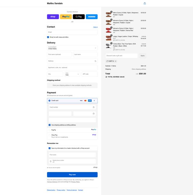 Malibu Sandals checkout page showing Malibu Sandals promo code box | Screenshot taken by SimplyCodes community member on Sep 12, 2025