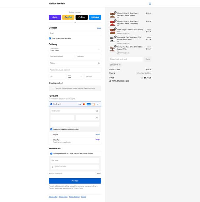 Malibu Sandals checkout page showing Malibu Sandals promo code box | Screenshot taken by SimplyCodes community member on Aug 31, 2025