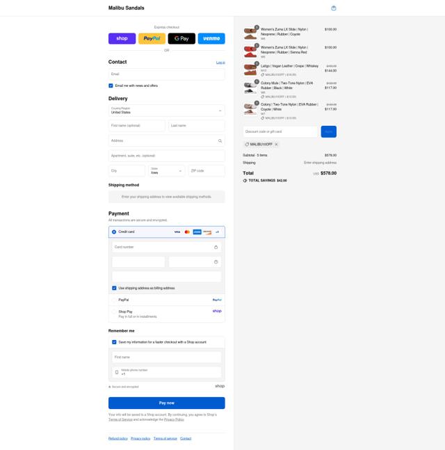 Malibu Sandals checkout page showing Malibu Sandals promo code box | Screenshot taken by SimplyCodes community member on Sep 4, 2025