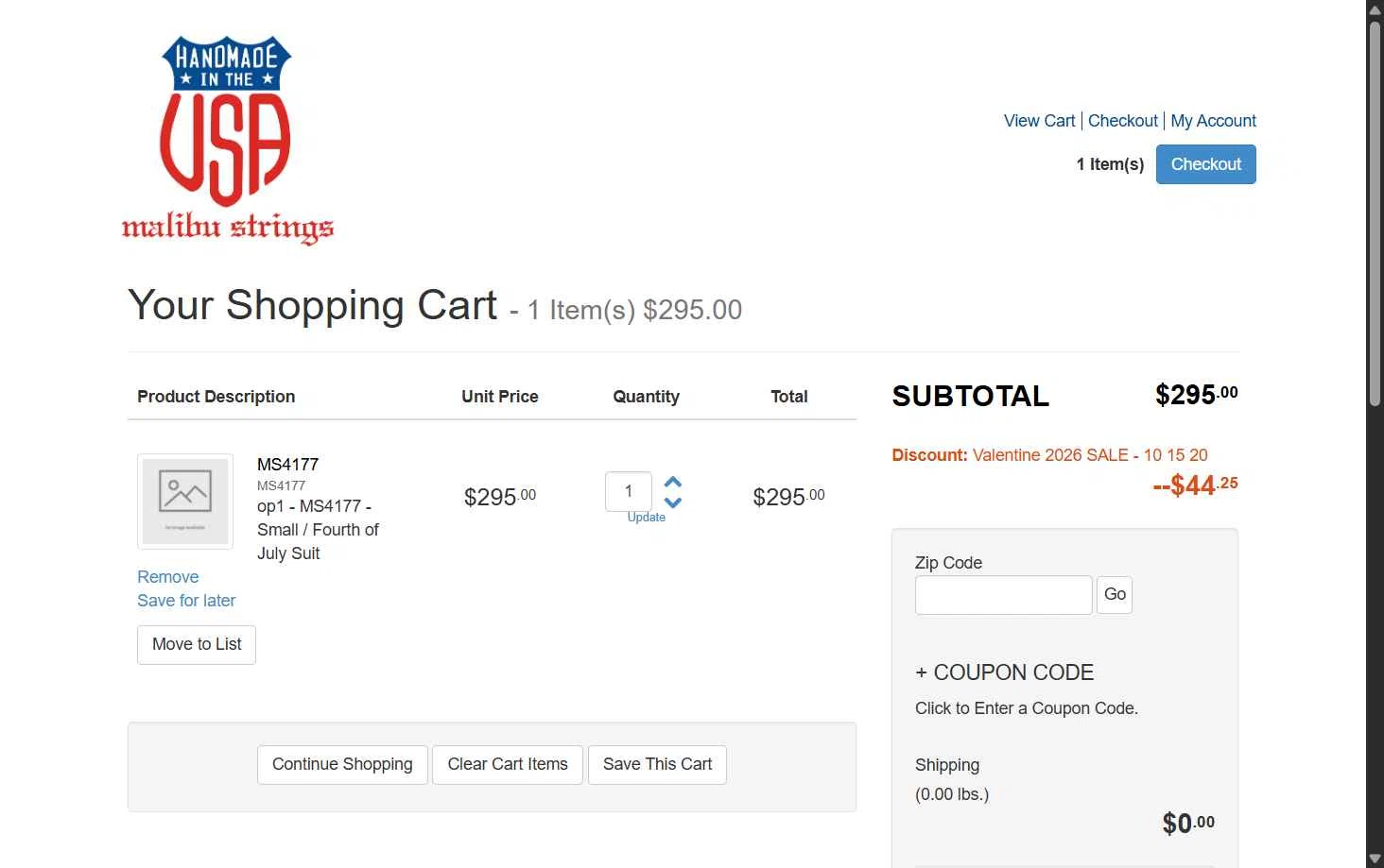 Malibu Strings checkout page showing Malibu Strings coupon code box | Screenshot taken by SimplyCodes community member on Feb 8, 2026
