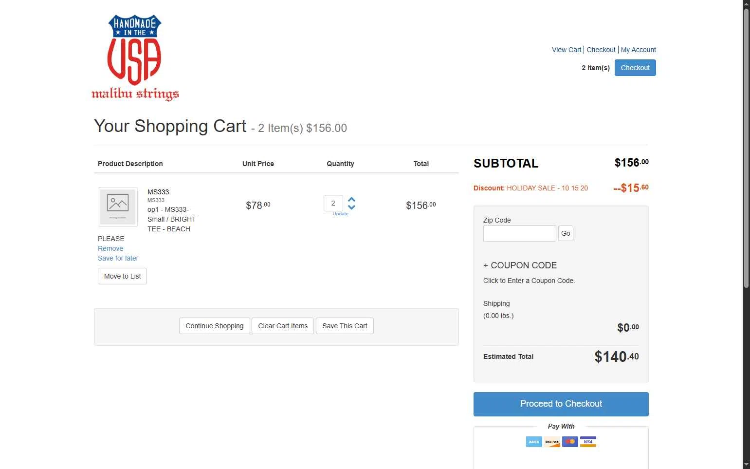 Malibu Strings checkout page showing Malibu Strings coupon code box | Screenshot taken by SimplyCodes community member on Jan 5, 2026