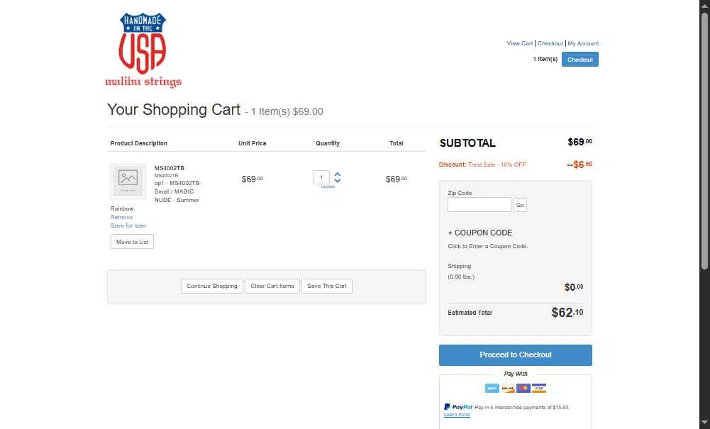Malibu Strings checkout page showing Malibu Strings coupon code box | Screenshot taken by SimplyCodes community member on Dec 26, 2025
