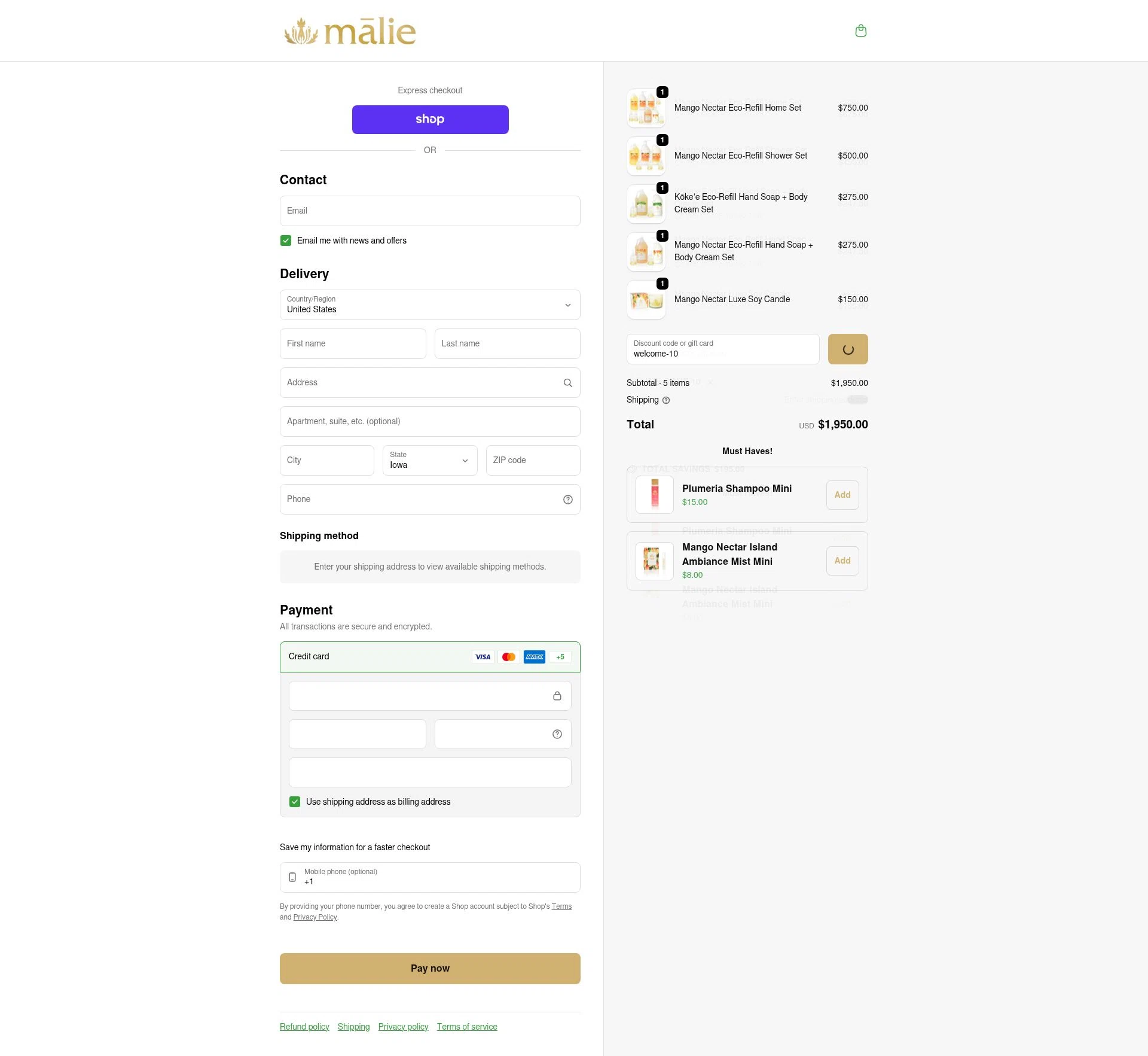Malie Organics checkout page showing Malie Organics discount code box | Screenshot taken by SimplyCodes community member on Feb 21, 2026