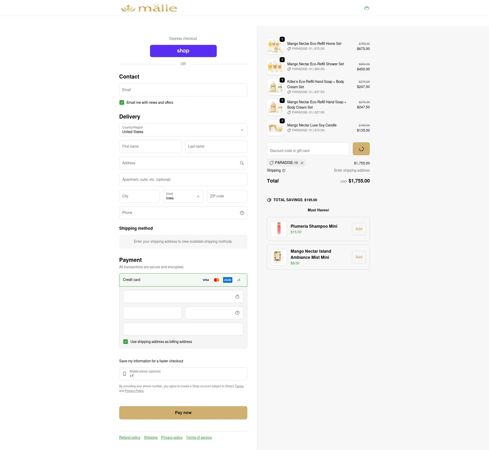 Malie Organics checkout page showing Malie Organics discount code box | Screenshot taken by SimplyCodes community member on Feb 21, 2026