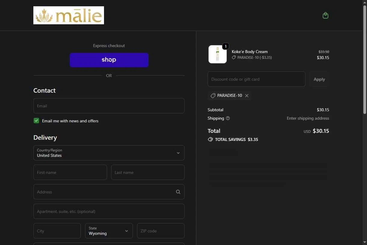 Malie Organics checkout page showing Malie Organics discount code box | Screenshot taken by SimplyCodes community member on Feb 12, 2026