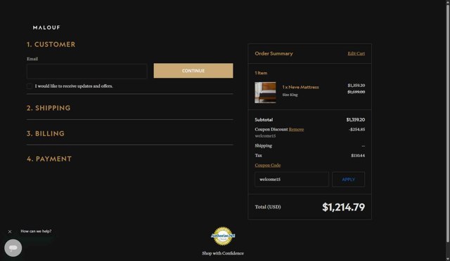 Malouf checkout page showing Malouf coupon code box | Screenshot taken by SimplyCodes community member on Aug 29, 2025