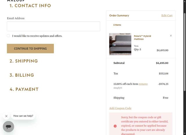 Malouf checkout page showing Malouf coupon code box | Screenshot taken by SimplyCodes community member on Aug 16, 2025