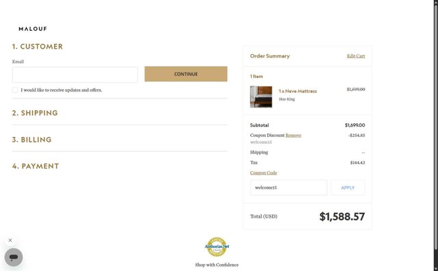 Malouf checkout page showing Malouf coupon code box | Screenshot taken by SimplyCodes community member on Aug 23, 2025