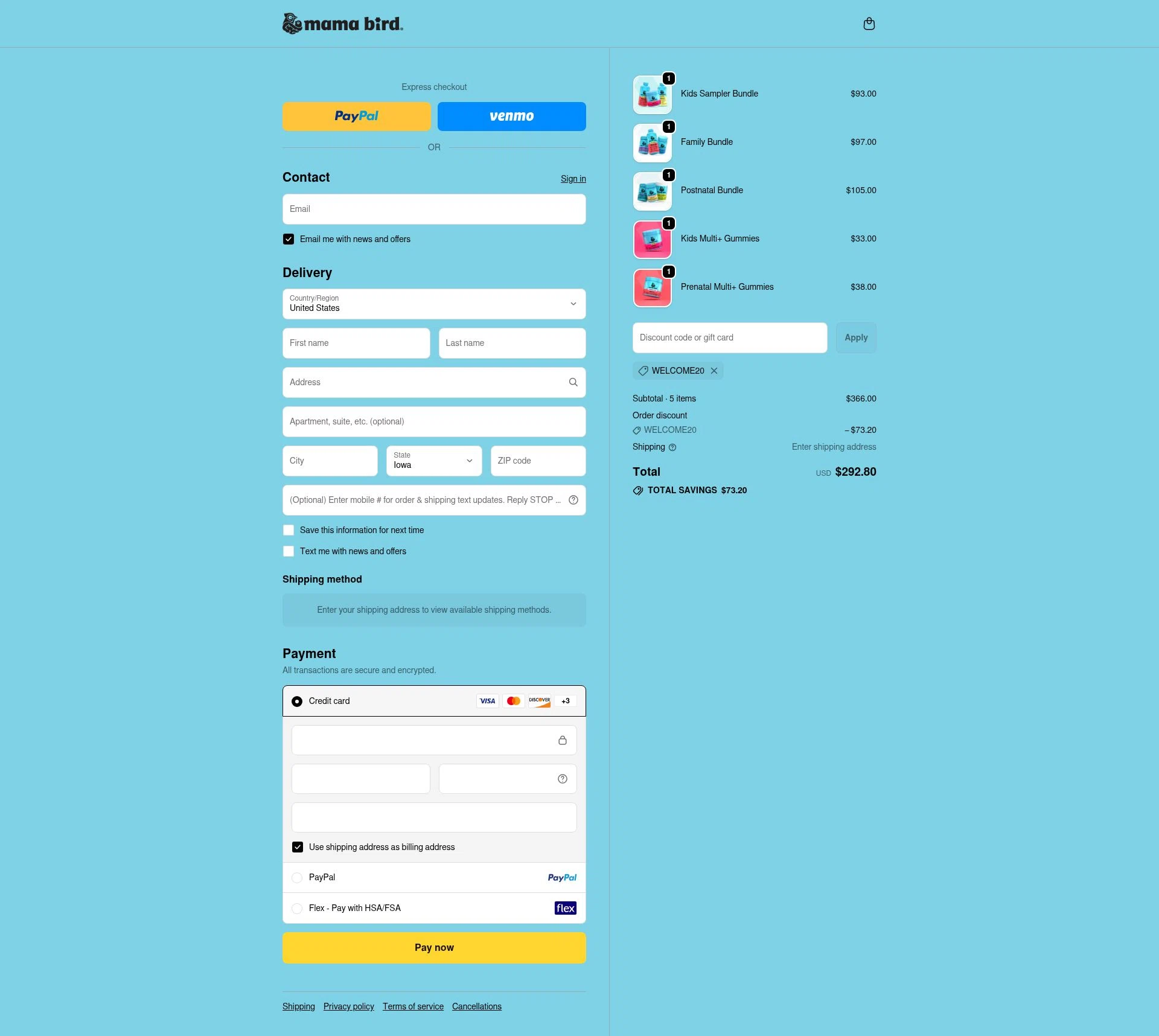 Mama Bird checkout page showing Mama Bird promo code box | Screenshot taken by SimplyCodes community member on Jan 10, 2026