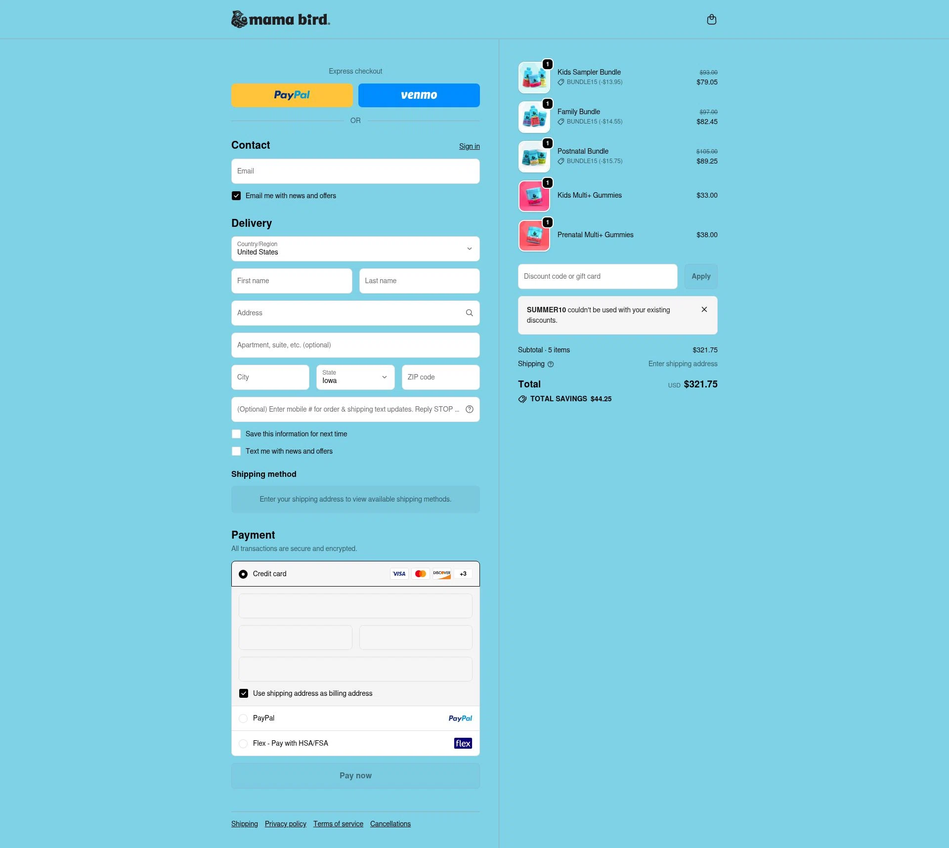 Mama Bird checkout page showing Mama Bird promo code box | Screenshot taken by SimplyCodes community member on Jan 5, 2026