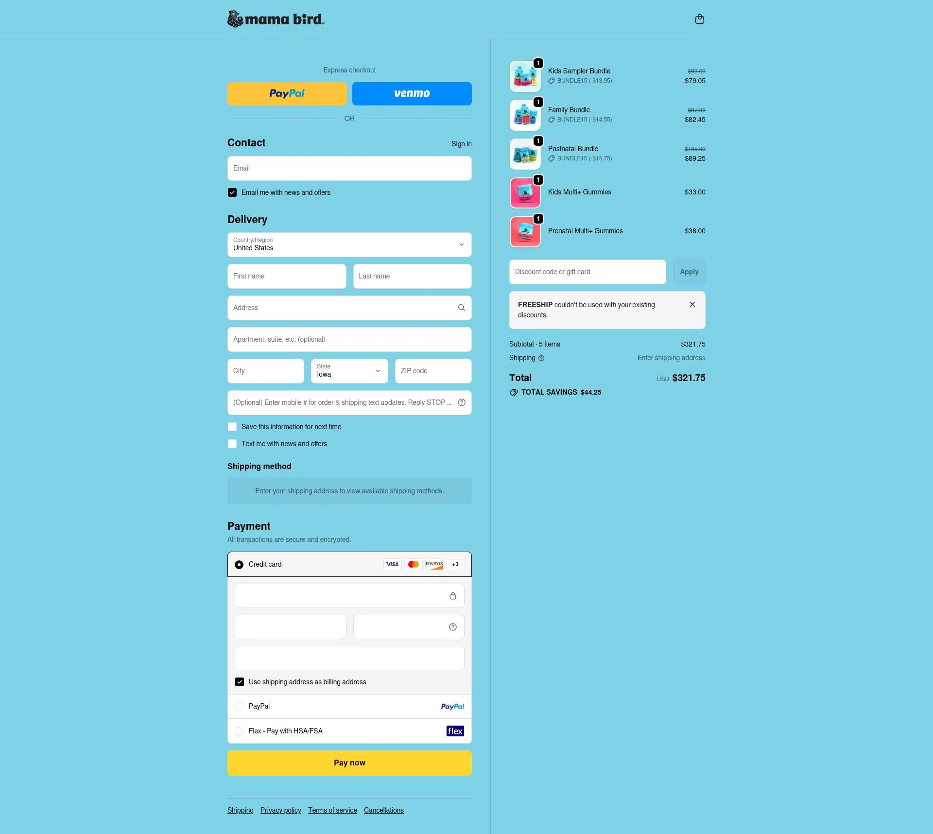 Mama Bird checkout page showing Mama Bird promo code box | Screenshot taken by SimplyCodes community member on Jan 5, 2026