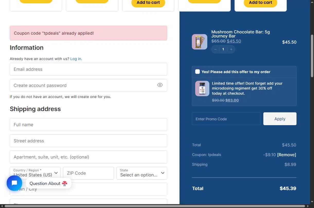 Mama Dose checkout page showing Mama Dose coupon code box | Screenshot taken by SimplyCodes community member on Oct 31, 2025