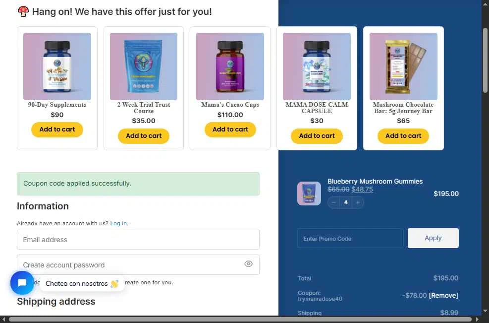 Mama Dose checkout page showing Mama Dose coupon code box | Screenshot taken by SimplyCodes community member on Oct 28, 2025