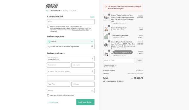 Mamas & Papas checkout page showing Mamas & Papas promo code box | Screenshot taken by SimplyCodes community member on Sep 2, 2025
