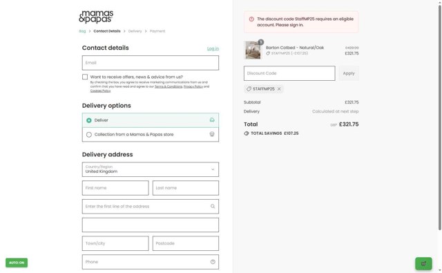 Mamas & Papas checkout page showing Mamas & Papas promo code box | Screenshot taken by SimplyCodes community member on Sep 2, 2025