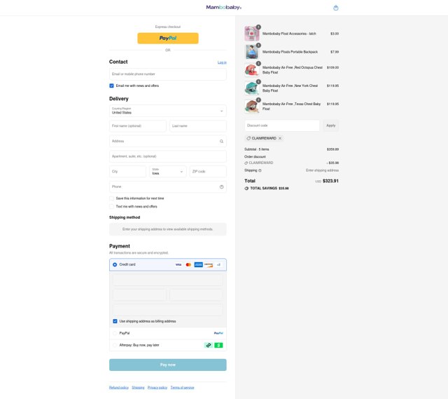 Mambobaby Float checkout page showing Mambobaby Float coupon code box | Screenshot taken by SimplyCodes community member on Sep 4, 2025