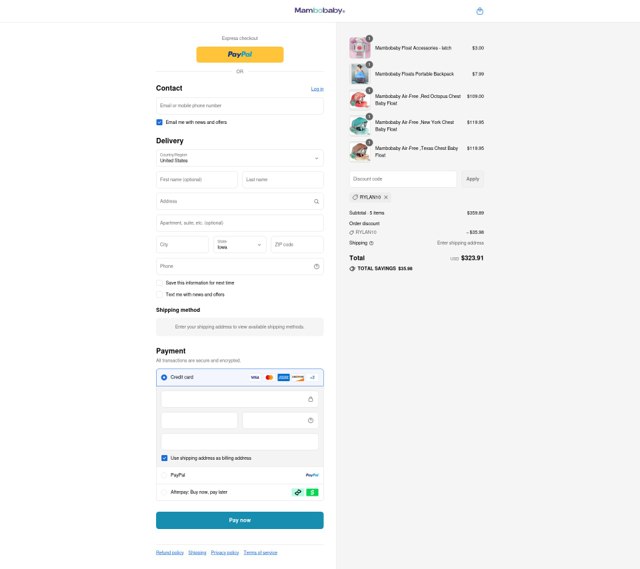 Mambobaby Float checkout page showing Mambobaby Float coupon code box | Screenshot taken by SimplyCodes community member on Sep 4, 2025