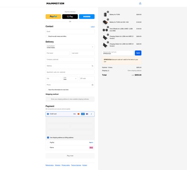 Mammotion checkout page showing Mammotion discount code box | Screenshot taken by SimplyCodes community member on Sep 6, 2025