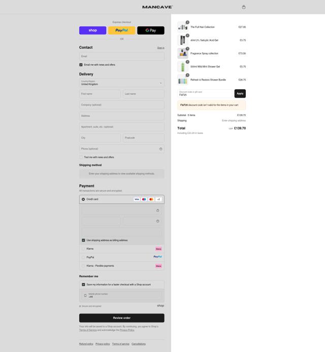 ManCave checkout page showing ManCave discount code box | Screenshot taken by SimplyCodes community member on Sep 12, 2025