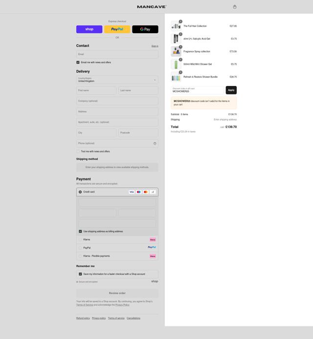 ManCave checkout page showing ManCave discount code box | Screenshot taken by SimplyCodes community member on Sep 12, 2025