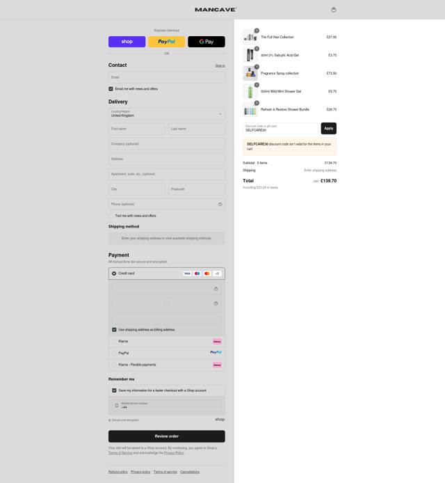 ManCave checkout page showing ManCave discount code box | Screenshot taken by SimplyCodes community member on Sep 12, 2025