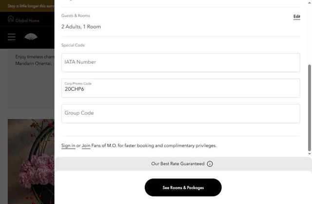 Mandarin Oriental checkout page showing Mandarin Oriental promo code box | Screenshot taken by SimplyCodes community member on Jul 16, 2025