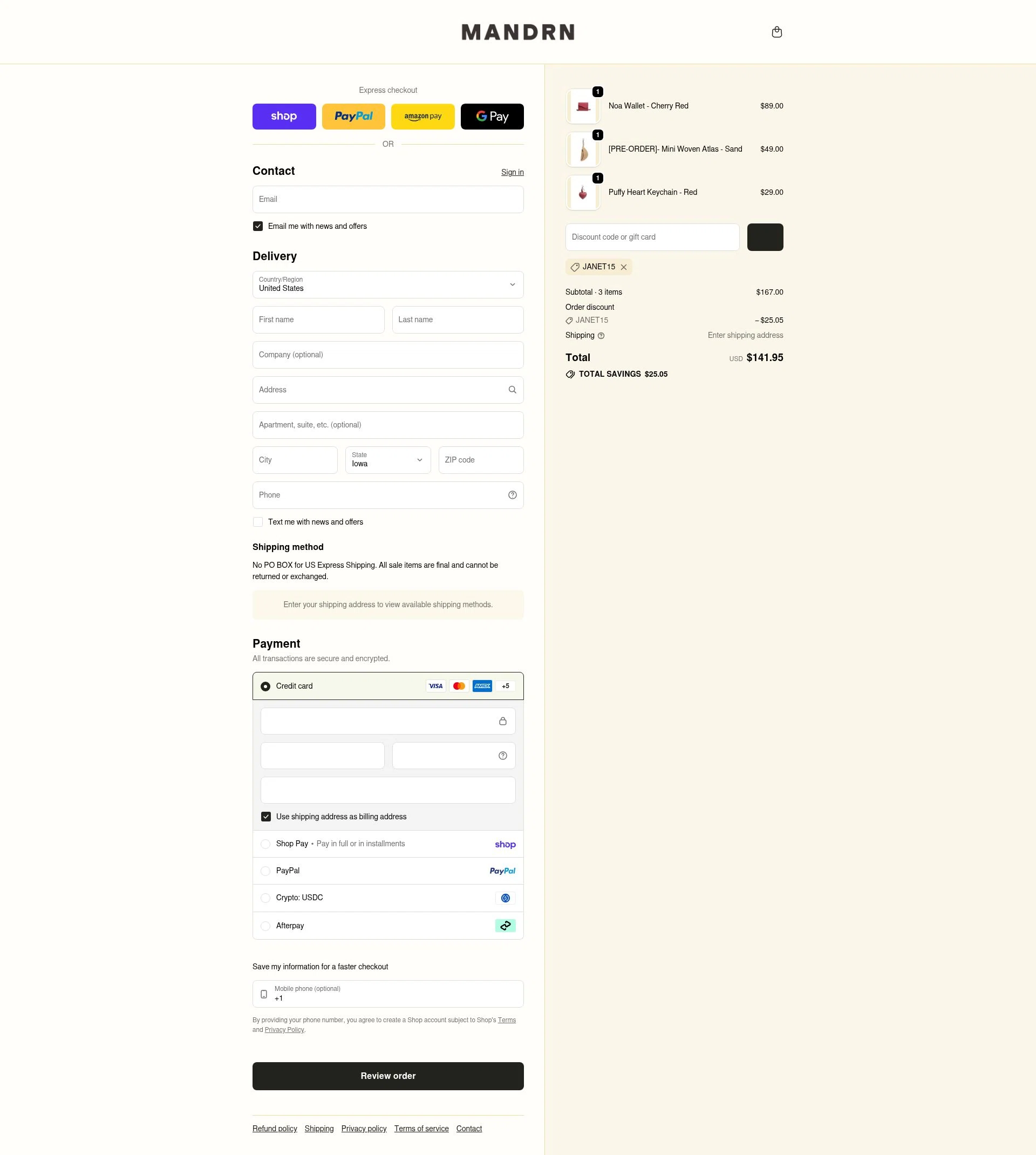 Mandrn checkout page showing Mandrn discount code box | Screenshot taken by SimplyCodes community member on Feb 18, 2026