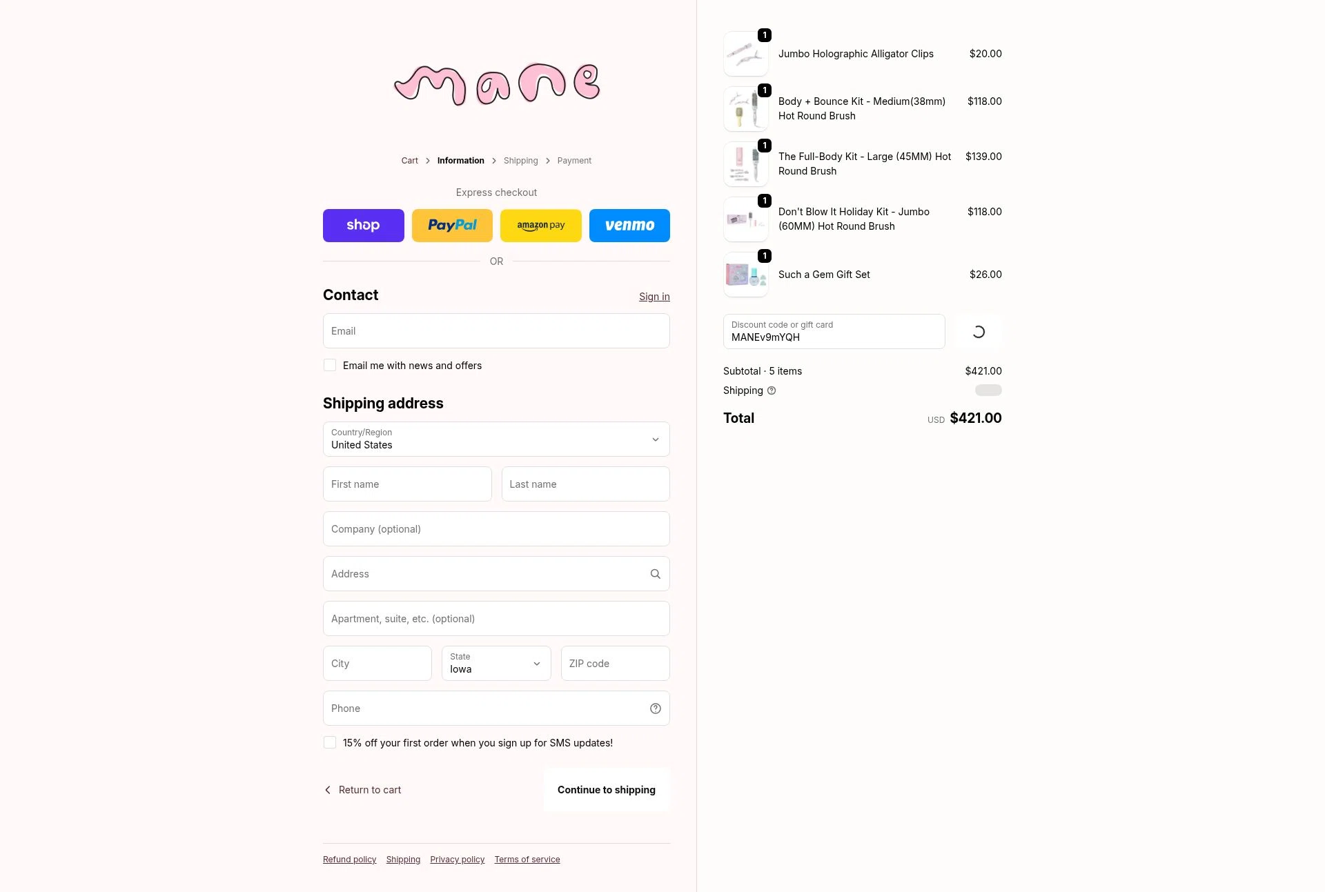 Mane Addicts checkout page showing Mane Addicts promo code box | Screenshot taken by SimplyCodes community member on Jan 2, 2026