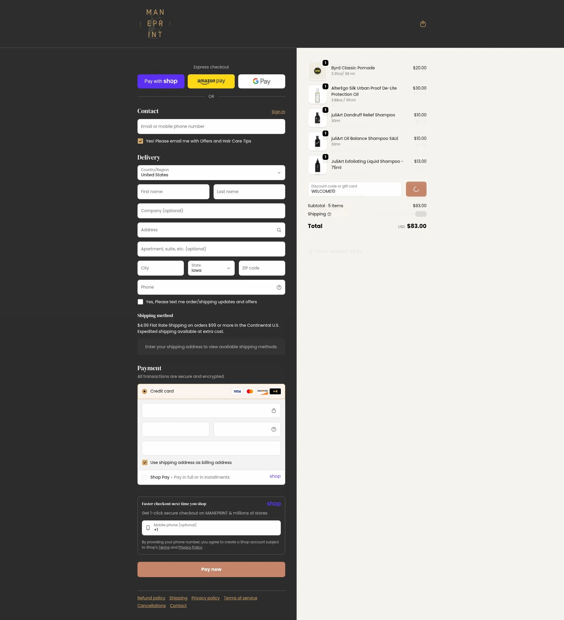 Maneprint checkout page showing Maneprint promo code box | Screenshot taken by SimplyCodes community member on Jan 10, 2026