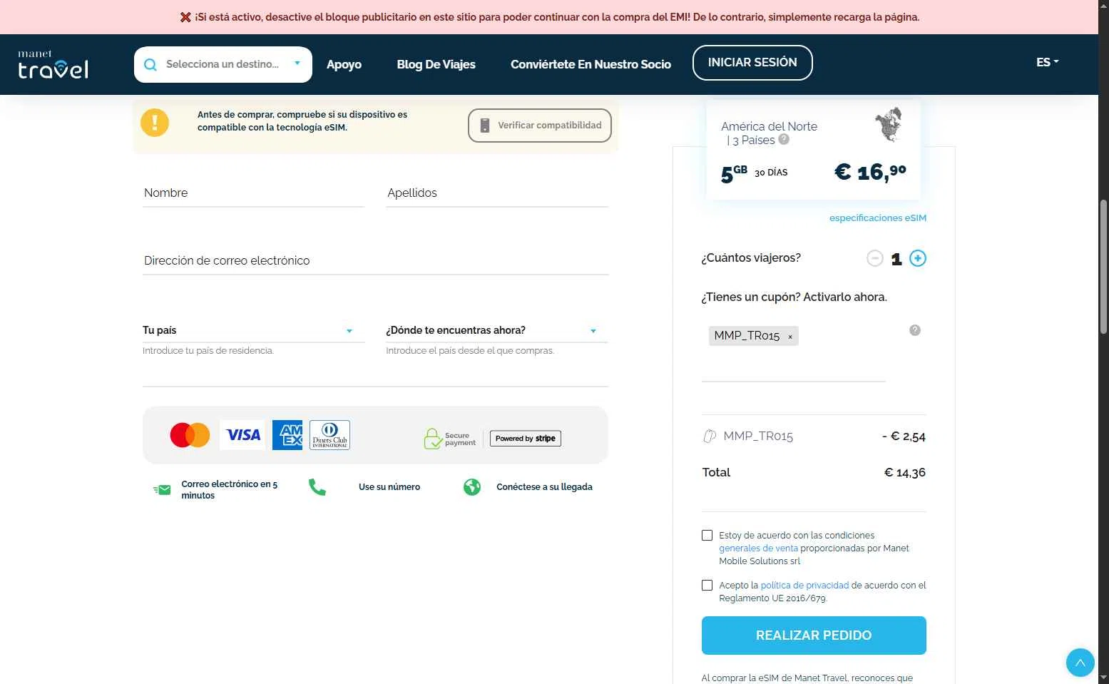 Manet Travel eSim checkout page showing Manet Travel eSim promo code box | Screenshot taken by SimplyCodes community member on Jan 4, 2026
