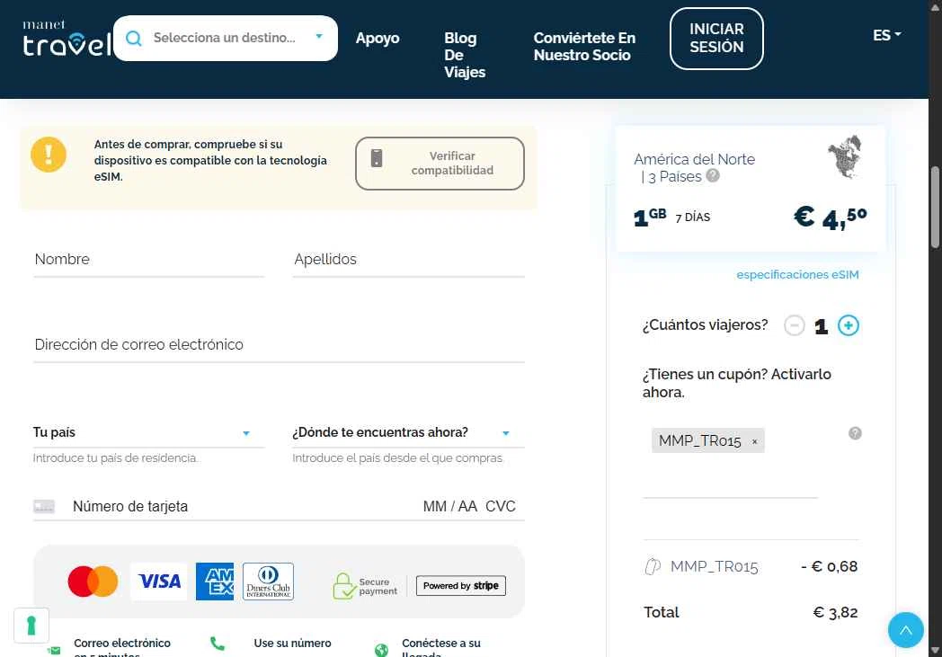 Manet Travel eSim checkout page showing Manet Travel eSim promo code box | Screenshot taken by SimplyCodes community member on Feb 2, 2026
