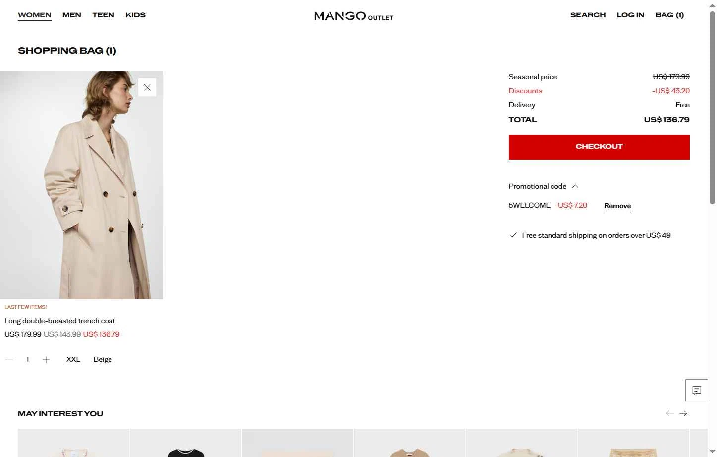 Mango Outlet checkout page showing Mango Outlet promo code box | Screenshot taken by SimplyCodes community member on Jan 7, 2026