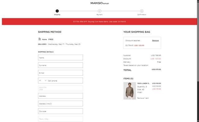 Mango Outlet checkout page showing Mango Outlet promo code box | Screenshot taken by SimplyCodes community member on Sep 16, 2025
