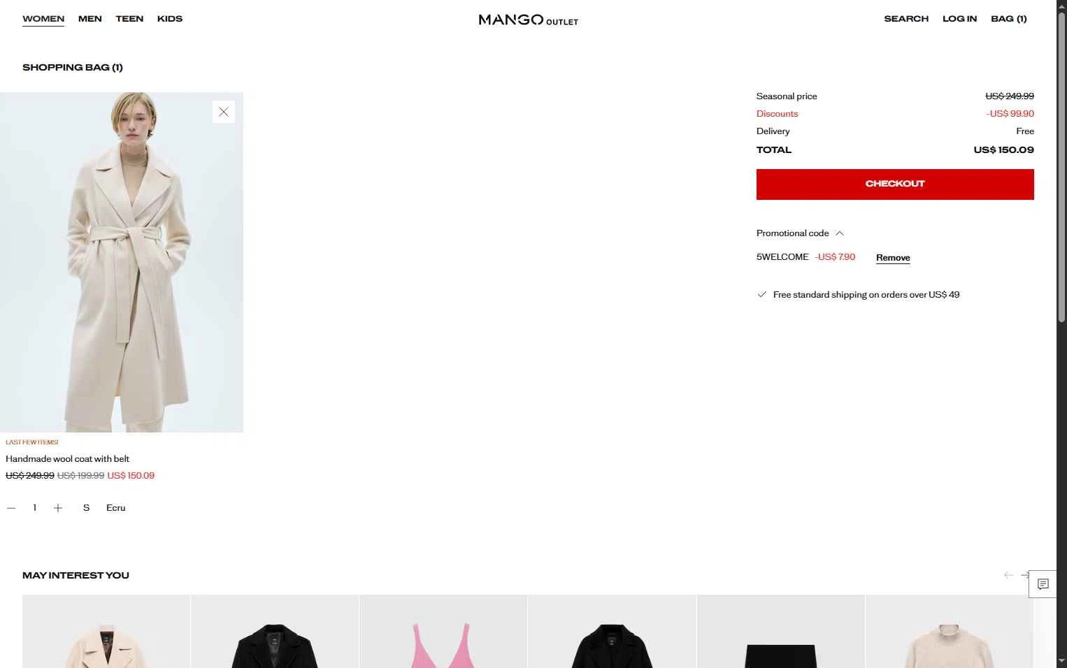 Mango Outlet checkout page showing Mango Outlet promo code box | Screenshot taken by SimplyCodes community member on Dec 10, 2025