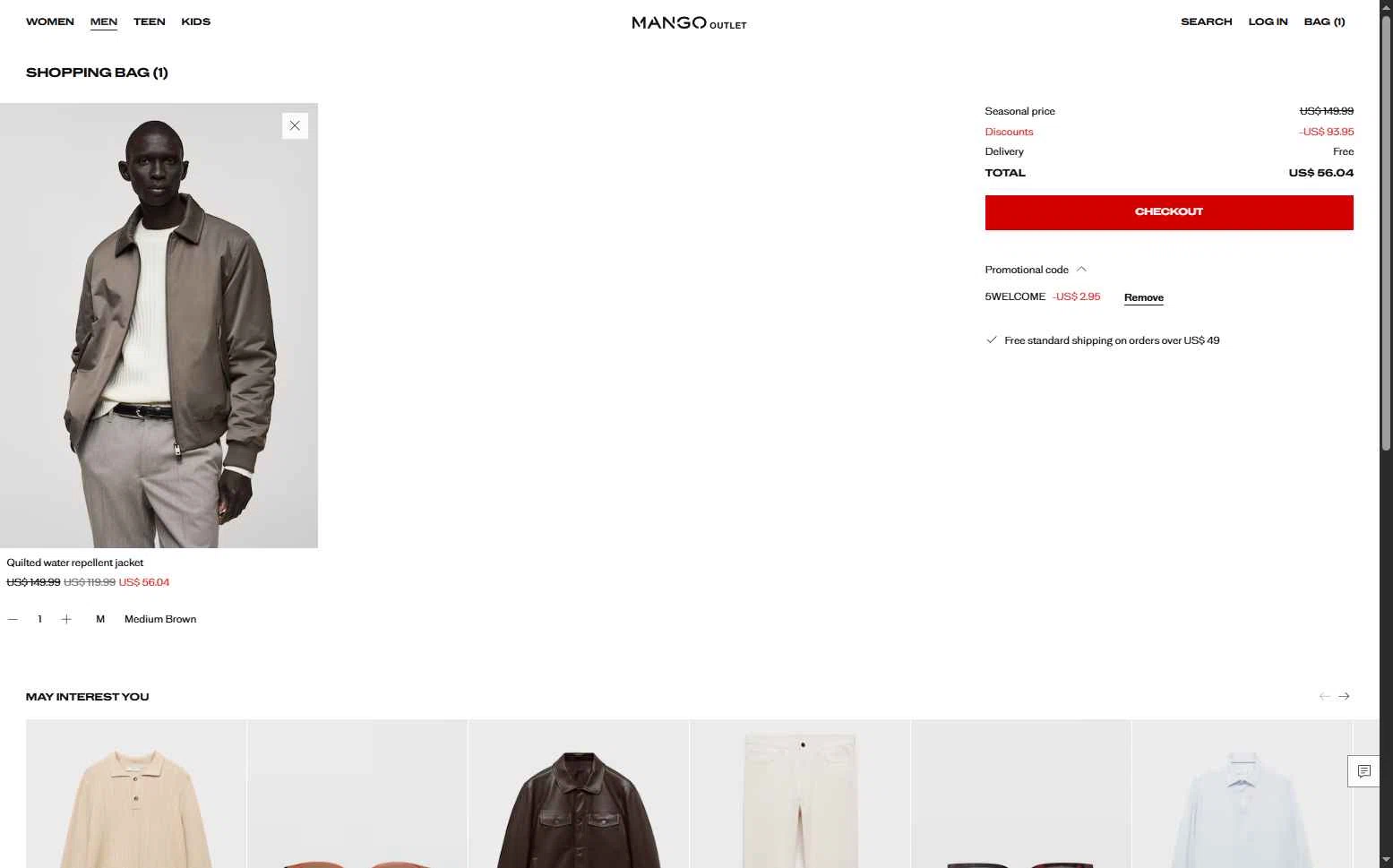 Mango Outlet checkout page showing Mango Outlet promo code box | Screenshot taken by SimplyCodes community member on Feb 11, 2026