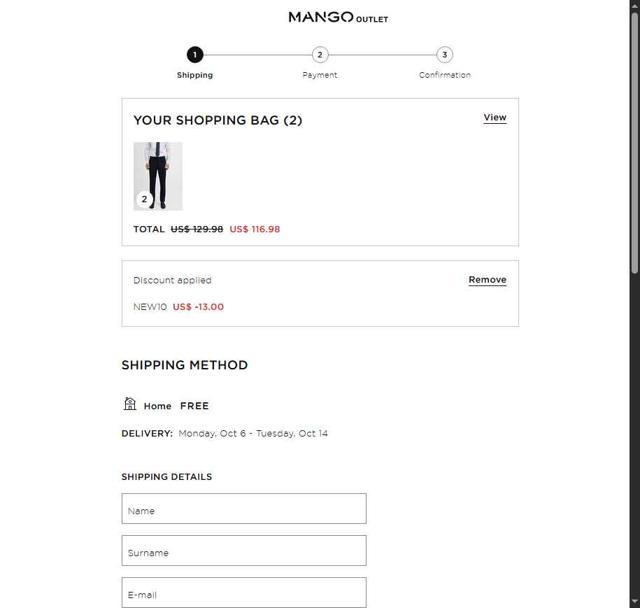 Mango Outlet checkout page showing Mango Outlet promo code box | Screenshot taken by SimplyCodes community member on Oct 4, 2025