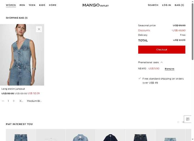 Mango Outlet checkout page showing Mango Outlet promo code box | Screenshot taken by SimplyCodes community member on Aug 23, 2025