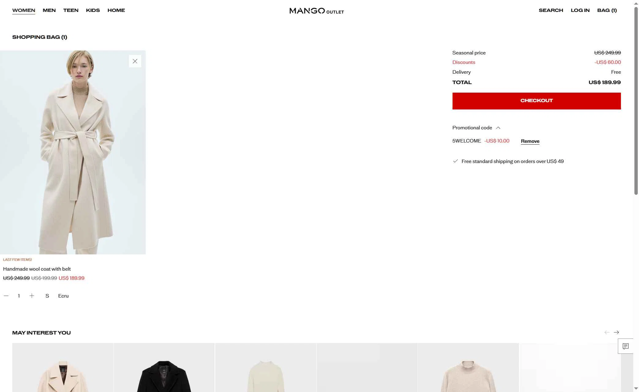 Mango Outlet checkout page showing Mango Outlet promo code box | Screenshot taken by SimplyCodes community member on Dec 3, 2025